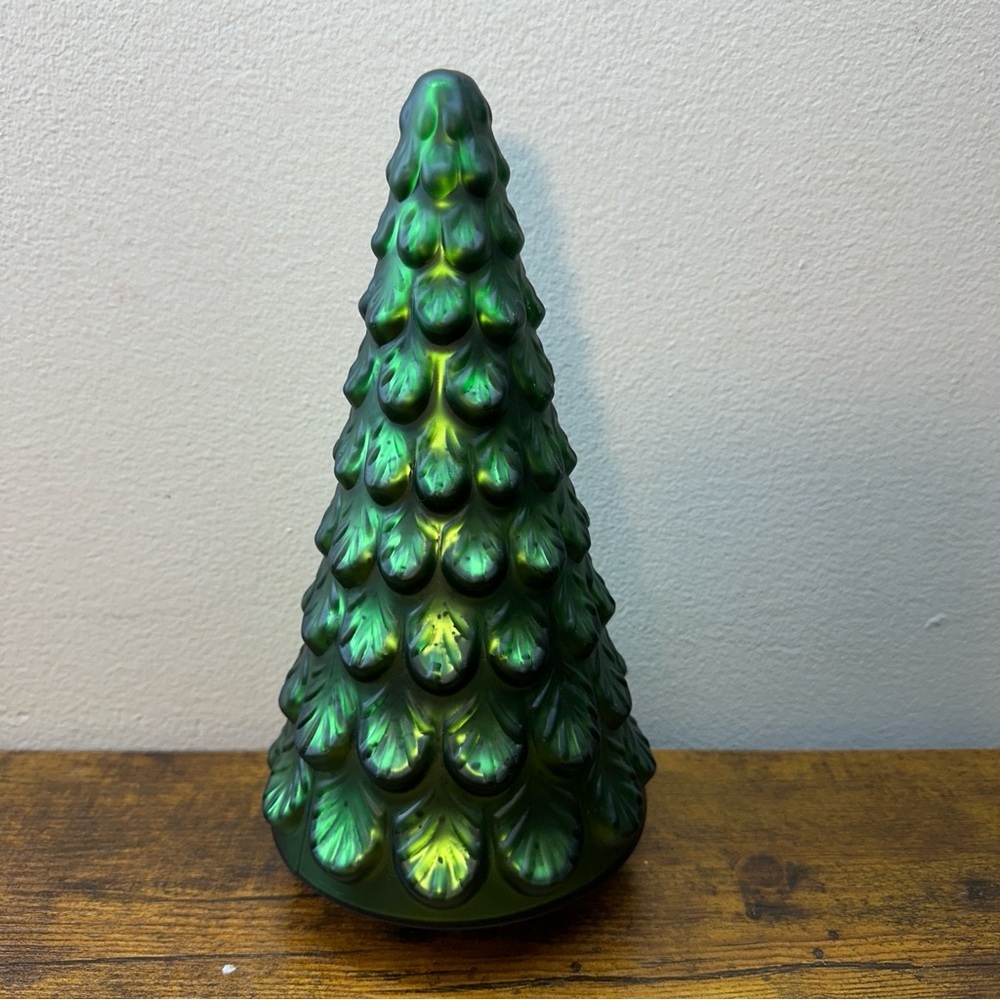Vintage Green Glass Christmas Tree Figurine – 10” Pinecone Style Holiday Décor